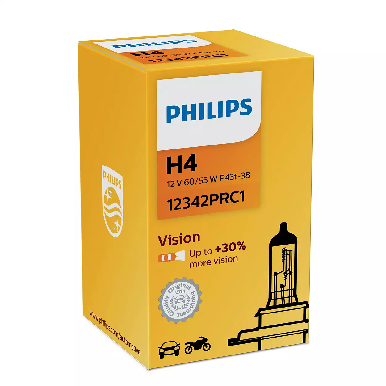 Автолампа H4 "Philips", Vision, +30%, 12V, 60/55W, 3200K