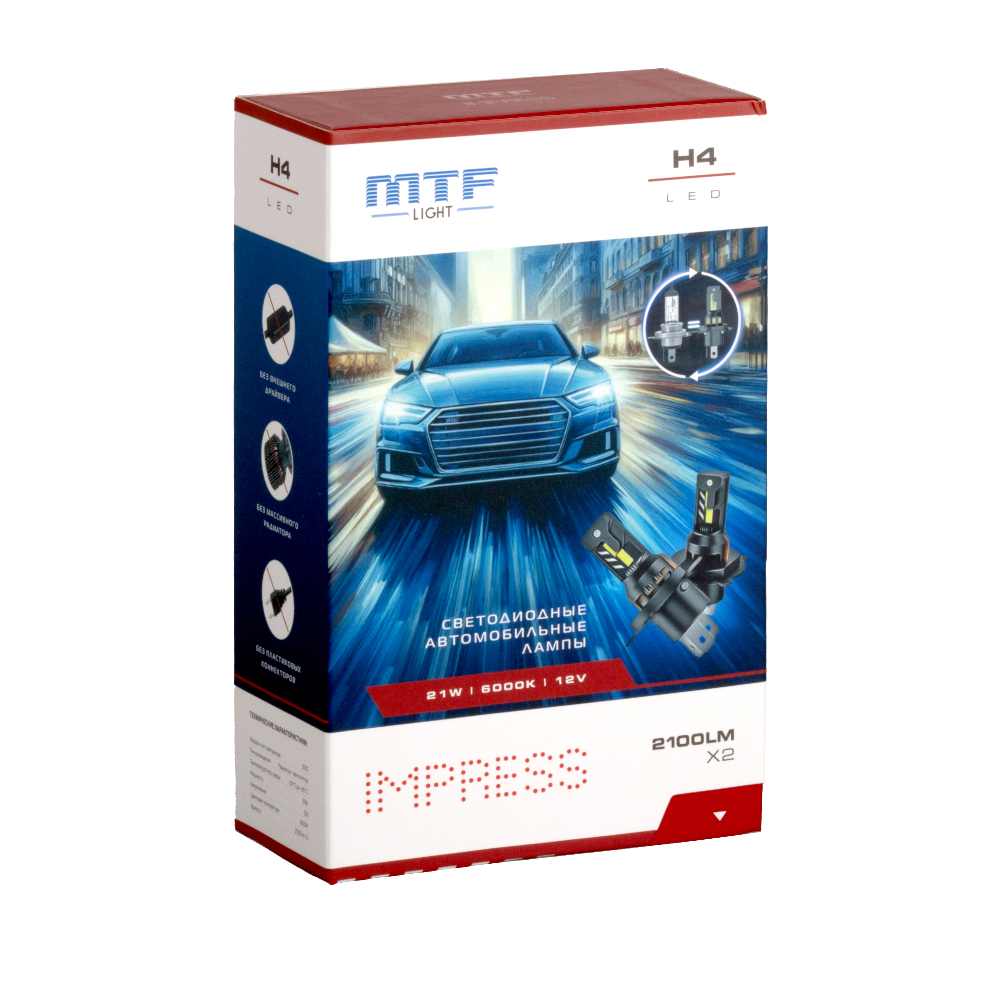 Комплект светодиодных ламп H4 "MTF", Impress, 12V, 21W, 2100lm, 6000K