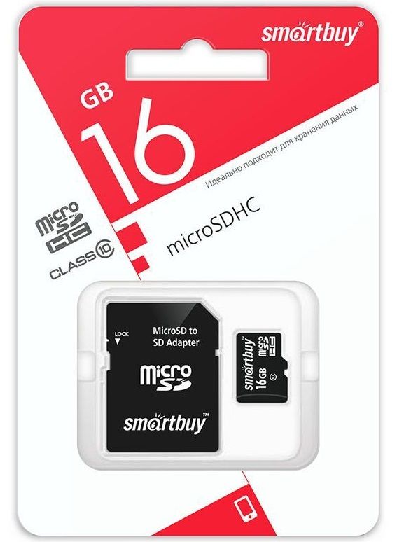 Карта памяти microSD 16Gb "SmartBuy", с адаптером SD, 10 класс